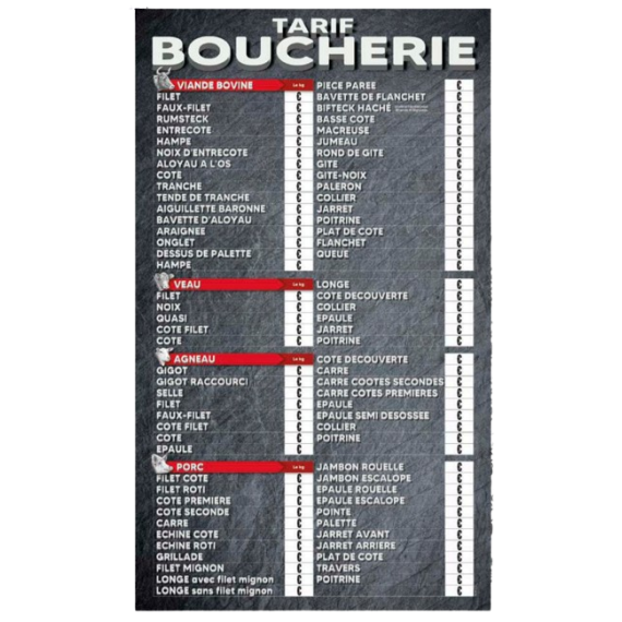 Ardoise tarif boucherie