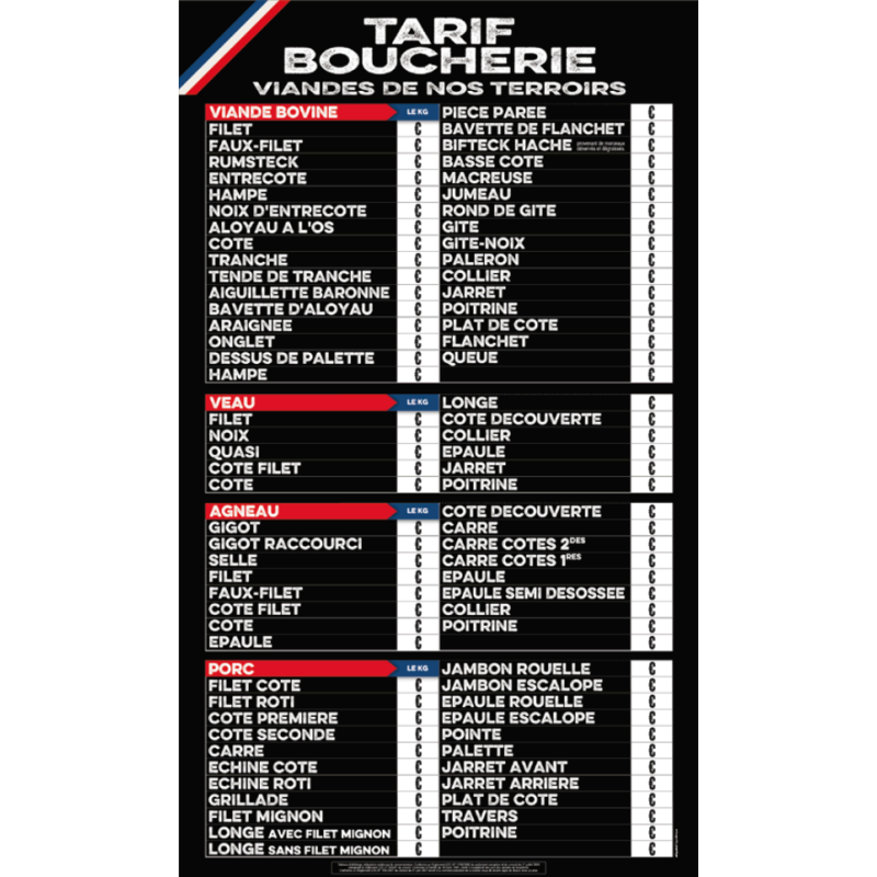 Tarif boucherie - Ruban FRANCE