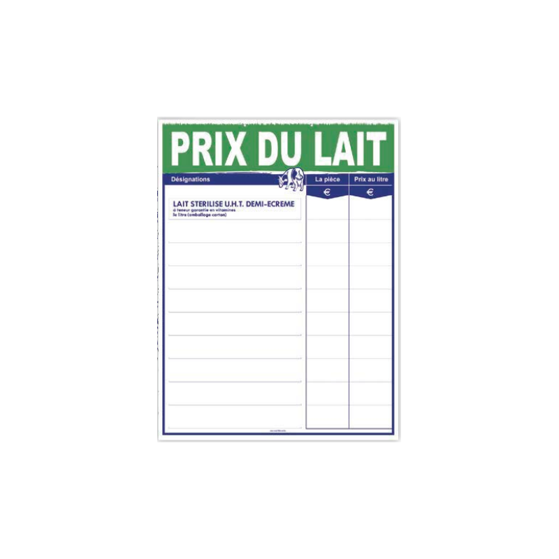 Tarif prix du lait