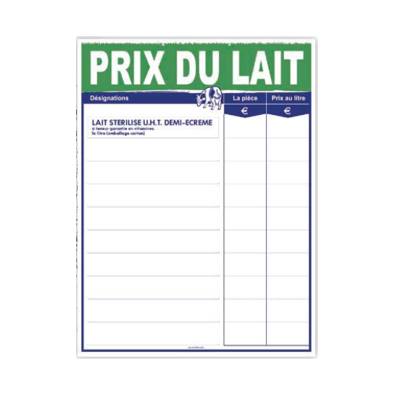 Tarif prix du lait