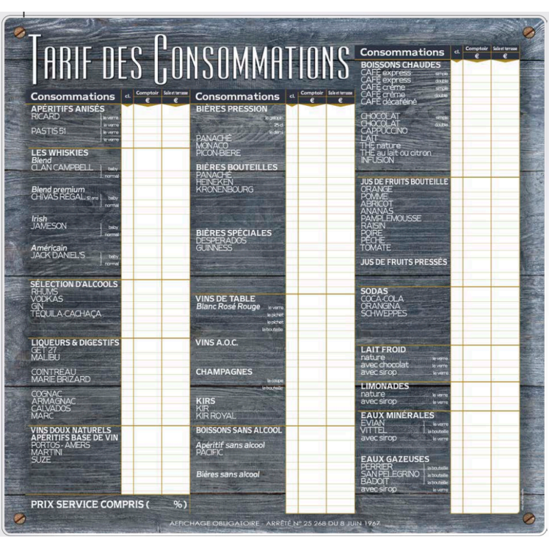 Tarif des consommations