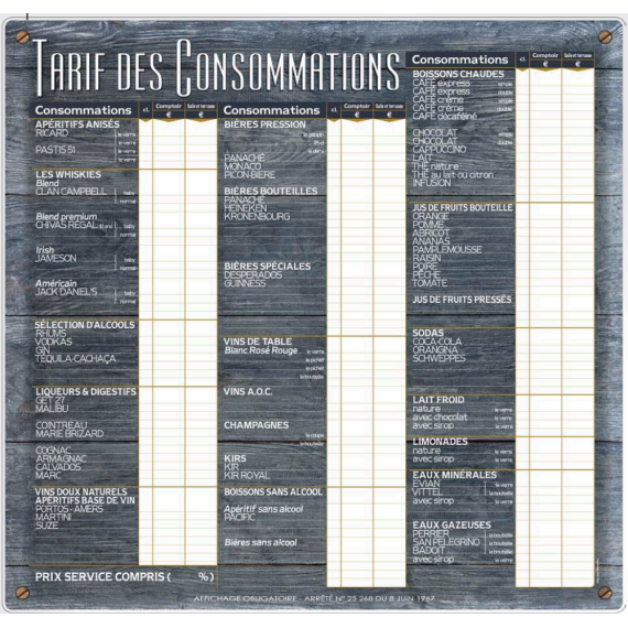 Tarif des consommations