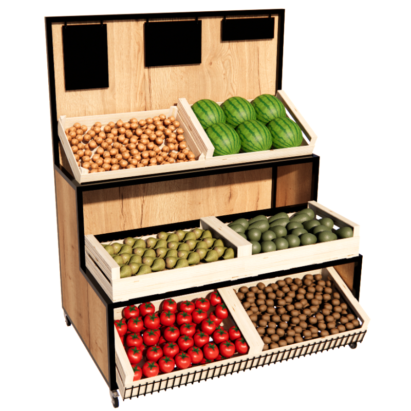Étal fruits et légumes acier et bois sur roulettes