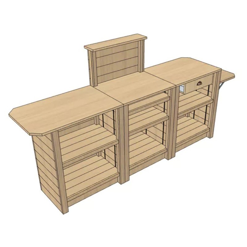 Meuble d'encaissement en ligne tout en bois avec plateau bois ou inox